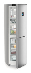 Product image, Perspective: oblique half-open decorated, Combined fridge-freezers with EasyFresh and NoFrost, Casing colour: silver, Door colour: Steelfinish