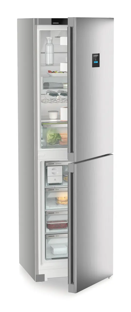 Product image, Perspective: oblique half-open decorated, Combined fridge-freezers with EasyFresh and NoFrost, Casing colour: silver, Door colour: Steelfinish