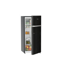 Product image, Perspective: oblique half-open decorated, Single-door refrigerator 202 l in 3 star and horizontal handle, Casing colour: grey, Door colour: Black Gloss