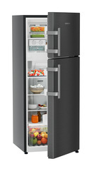 Product image, Perspective: oblique half-open decorated, Fridge-freezer with NoFrost, Casing colour: grey, Door colour: BlackSteel