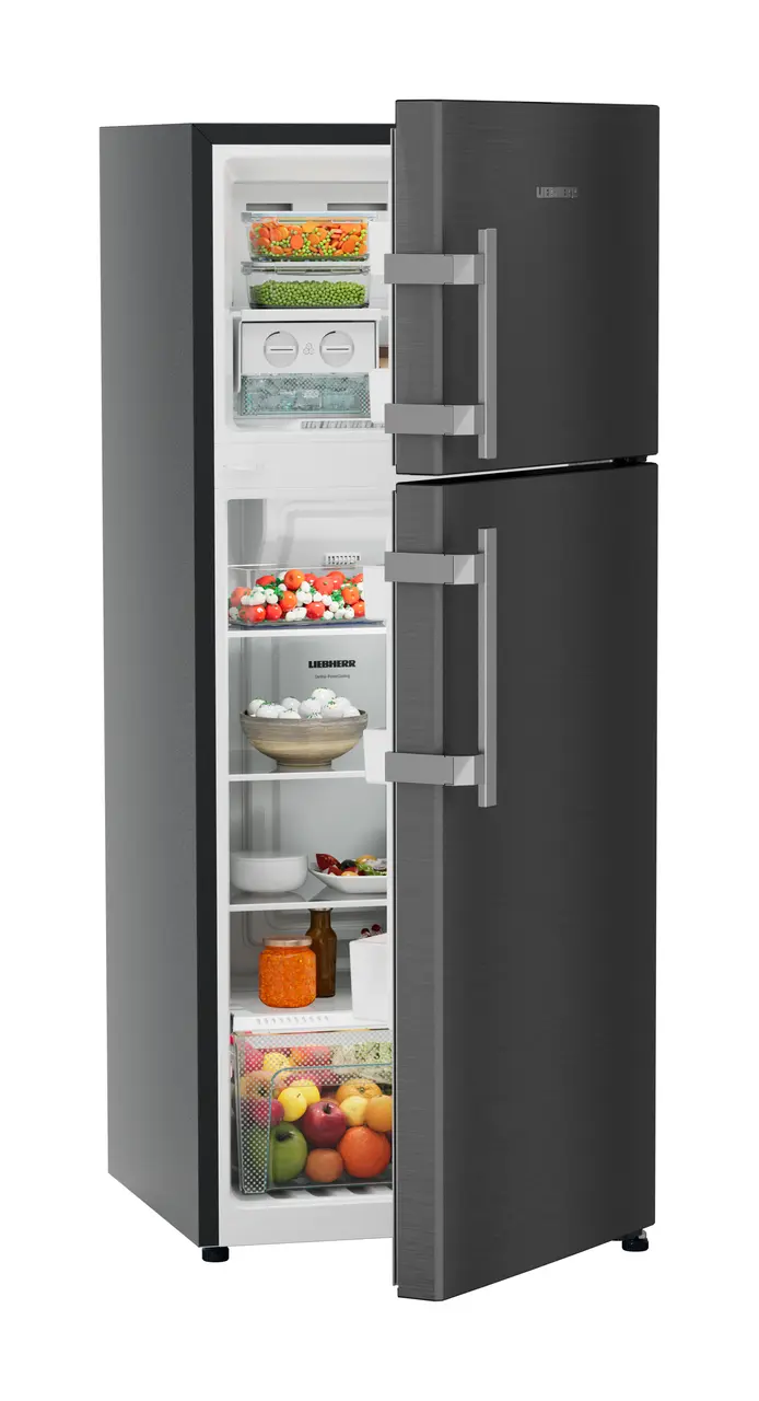 Product image, Perspective: oblique half-open decorated, Fridge-freezer with NoFrost, Casing colour: grey, Door colour: BlackSteel