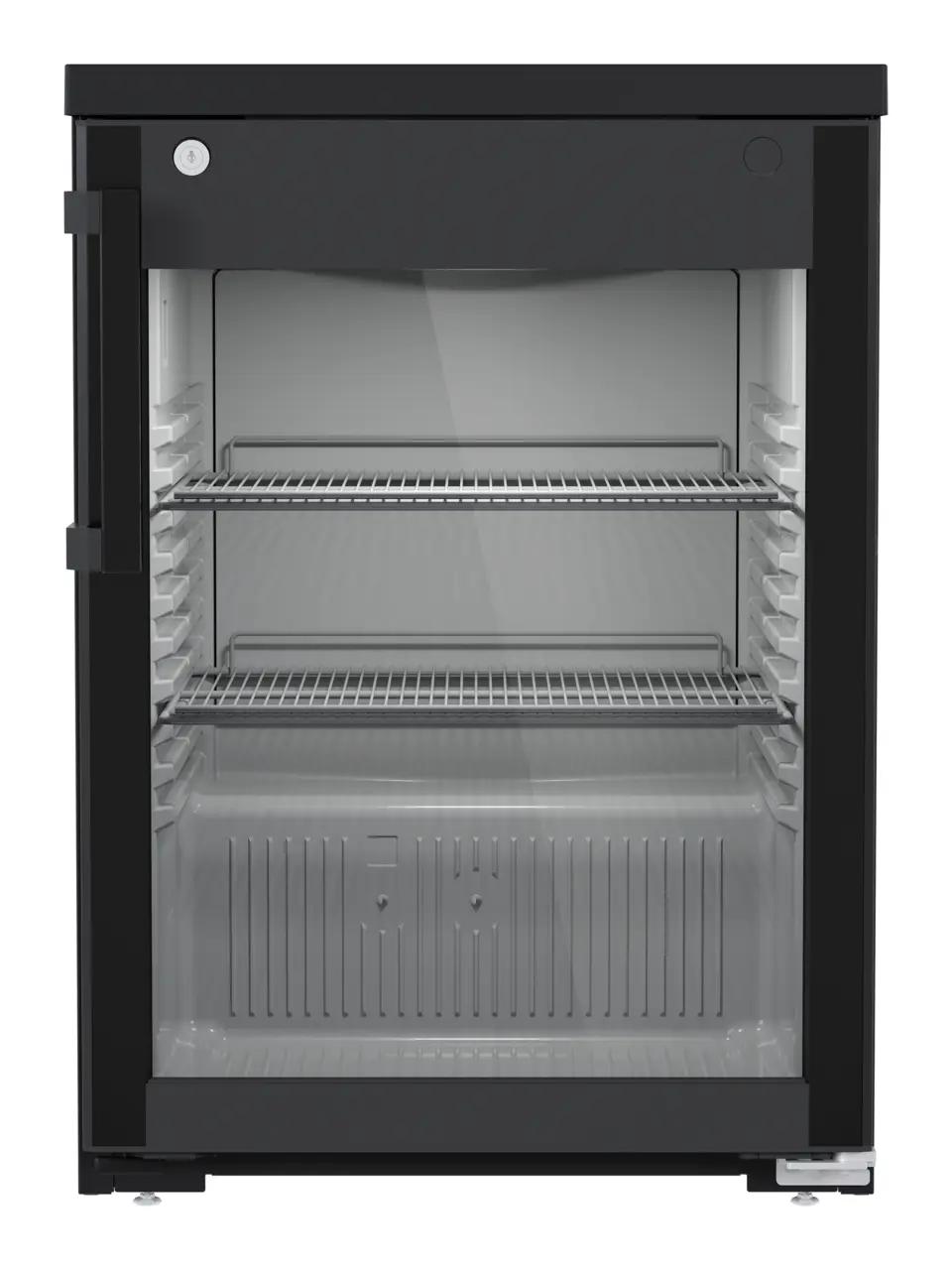 Obraz produktu, Perspektywa: Na wprost, zamknięte, puste, Chłodziarka do zabudowy pod blat z chłodzeniem powietrzem obiegowym, Kolor obudowy: Czarna, Kolor drzwi: Czarna