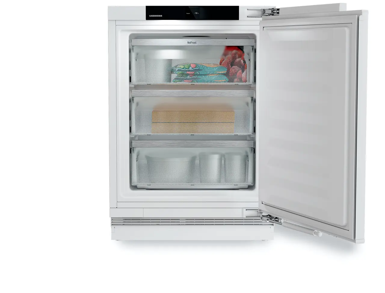 Изображение продукции, Перспектива: Прямо, с открытой дверцей, с продуктами, Морозильник подходит для установки под столешницей с технологией NoFrost.