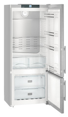 Product image, Perspective: oblique open empty, Fridge-freezer with NoFrost, Casing colour: silver, Door colour: stainless steel
