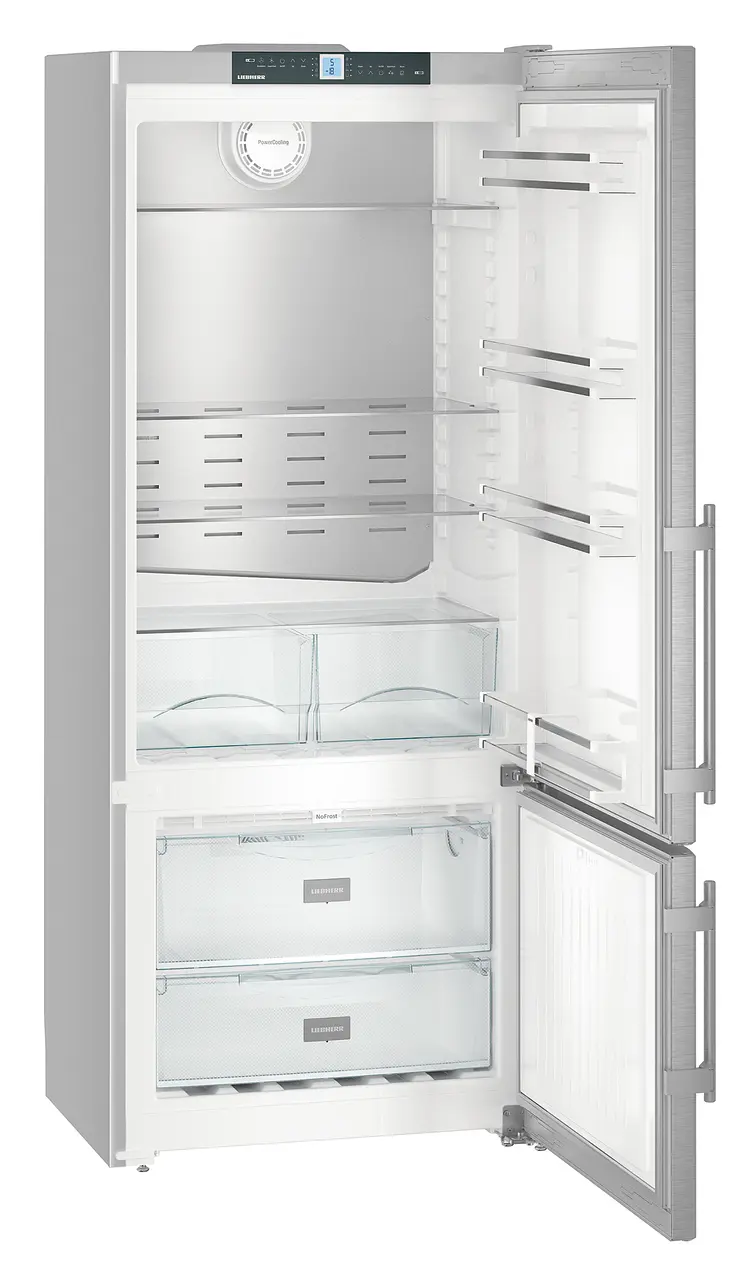 Product image, Perspective: oblique open empty, Fridge-freezer with NoFrost, Casing colour: silver, Door colour: stainless steel