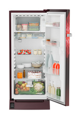 Product image, Perspective: straight open decorated, Single-door refrigerator 202 l in 5 star with inverter compressor, Casing colour: red, Door colour: Red Mystiq