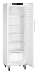 Product image, Perspective: oblique open empty, Laboratory refrigerator with convection cooling and an interior free of ignition sources, Casing colour: white, Door colour: white