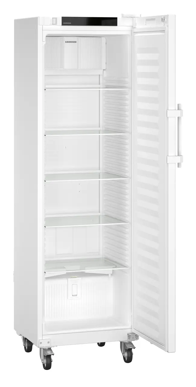 Product image, Perspective: oblique open empty, Laboratory refrigerator with convection cooling and an interior free of ignition sources, Casing colour: white, Door colour: white