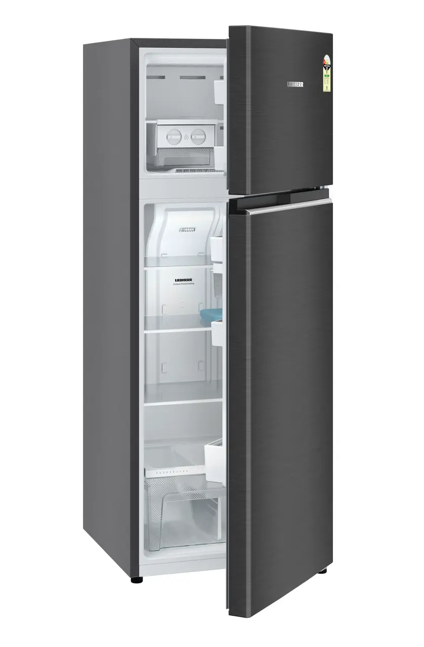 Product image, Perspective: oblique half-open empty, Fridge-freezer with NoFrost, Casing colour: grey, Door colour: BlackSteel