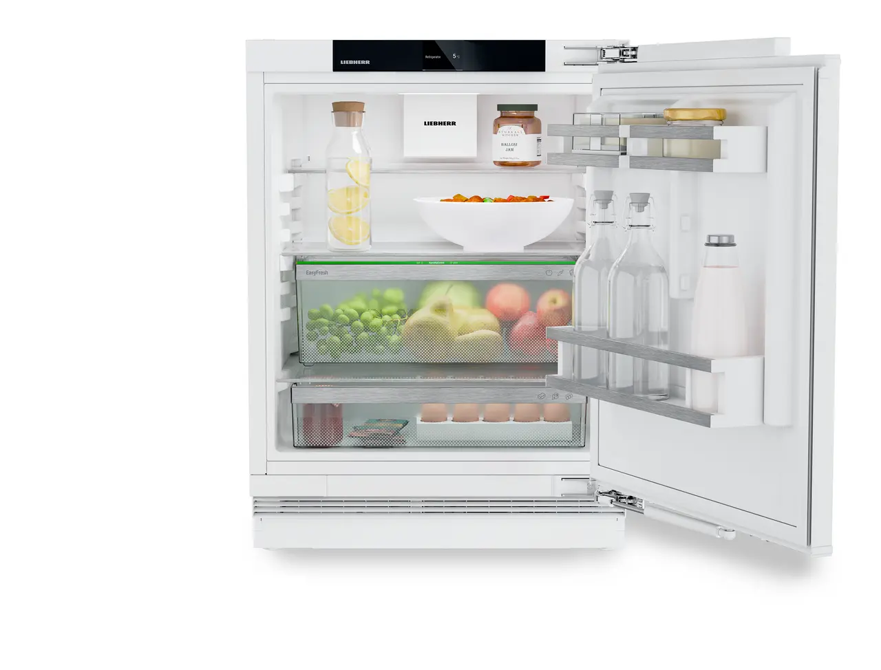 Изображение продукции, Перспектива: Прямо, с открытой дверцей, с продуктами, Холодильник подходит для установки под столешницу с системой EasyFresh.