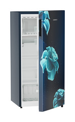 Product image, Perspective: oblique half-open empty, Single-door refrigerator 191 l in 3 star with VegFresh box, Casing colour: blue, Door colour: Blue Divine
