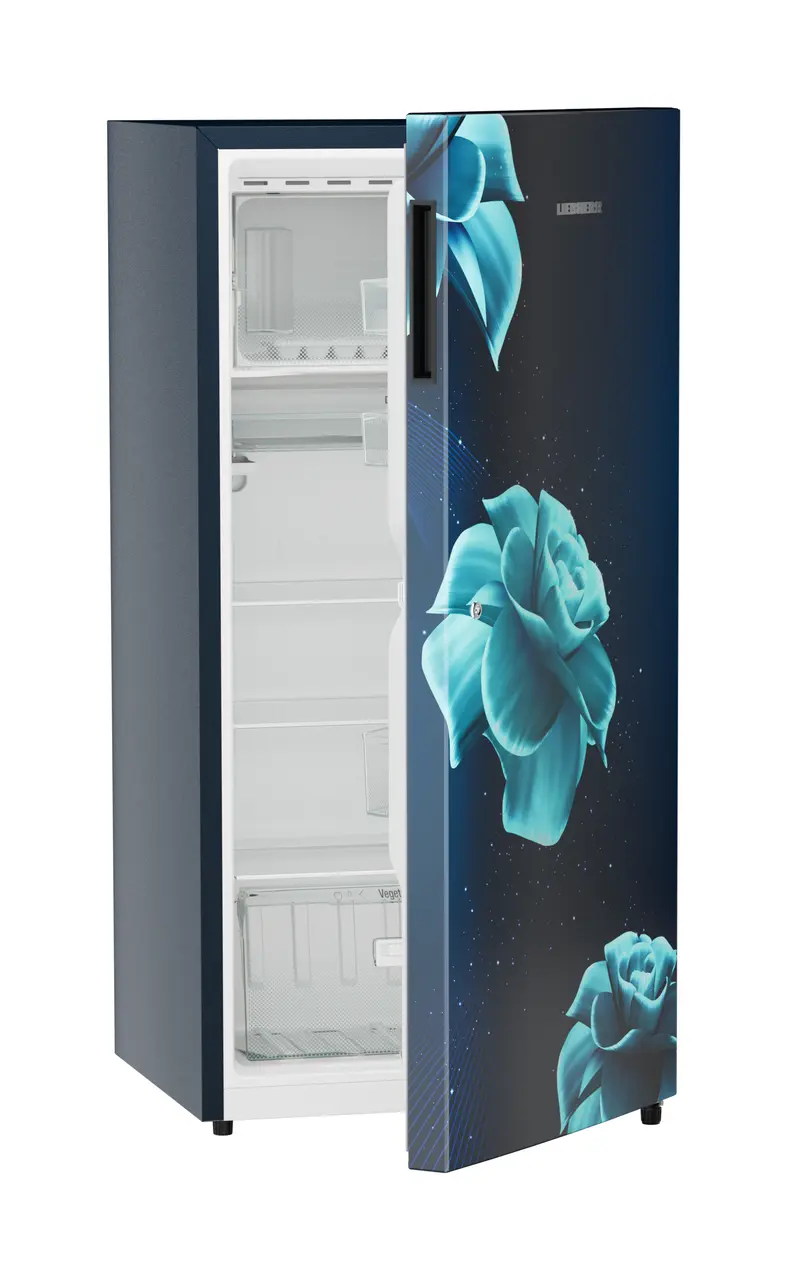Product image, Perspective: oblique half-open empty, Single-door refrigerator 191 l in 3 star with VegFresh box, Casing colour: blue, Door colour: Blue Divine