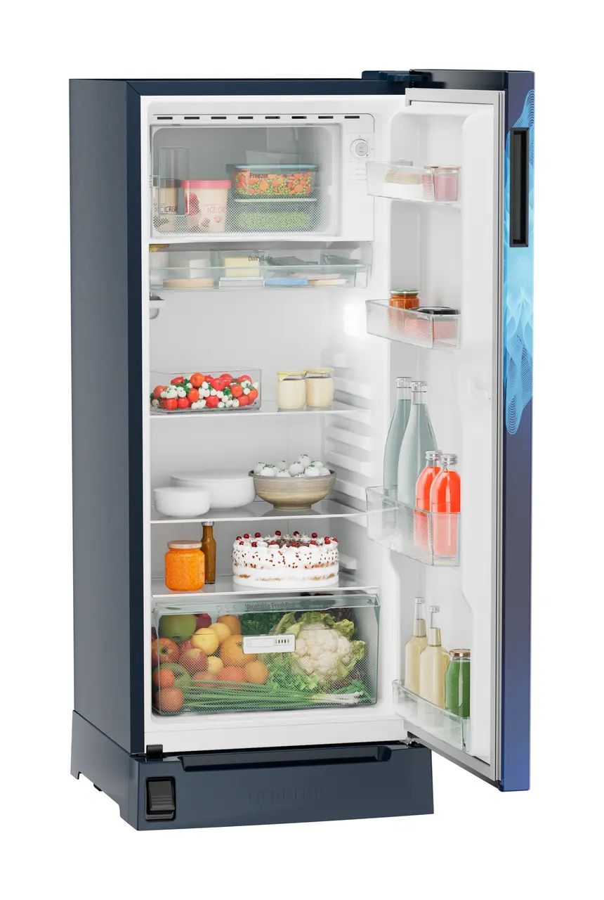 Product image, Perspective: oblique open decorated, Single-door fridge 186 l in 3 star with foot pedal base drawer, Casing colour: blue, Door colour: Blue Mystiq