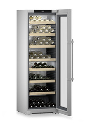 Product image, Perspective: oblique open decorated, Multi-temperature wine cabinet, Casing colour: silver, Door colour: stainless steel