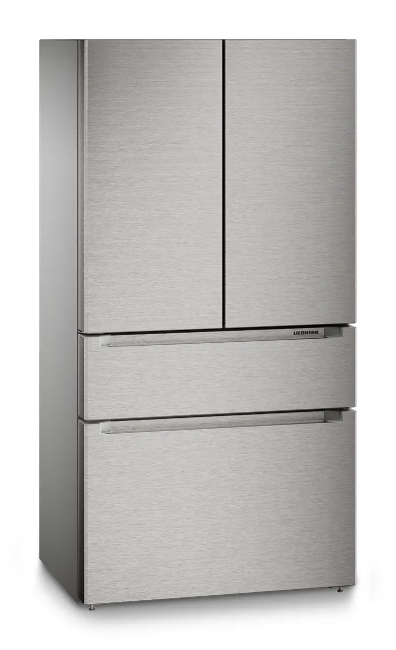 Product image, Perspective: oblique closed, French Door fridge-freezer with 2 freezer drawers and IceMaker and InfinitySpring, Casing colour: silver, Door colour: stainless steel