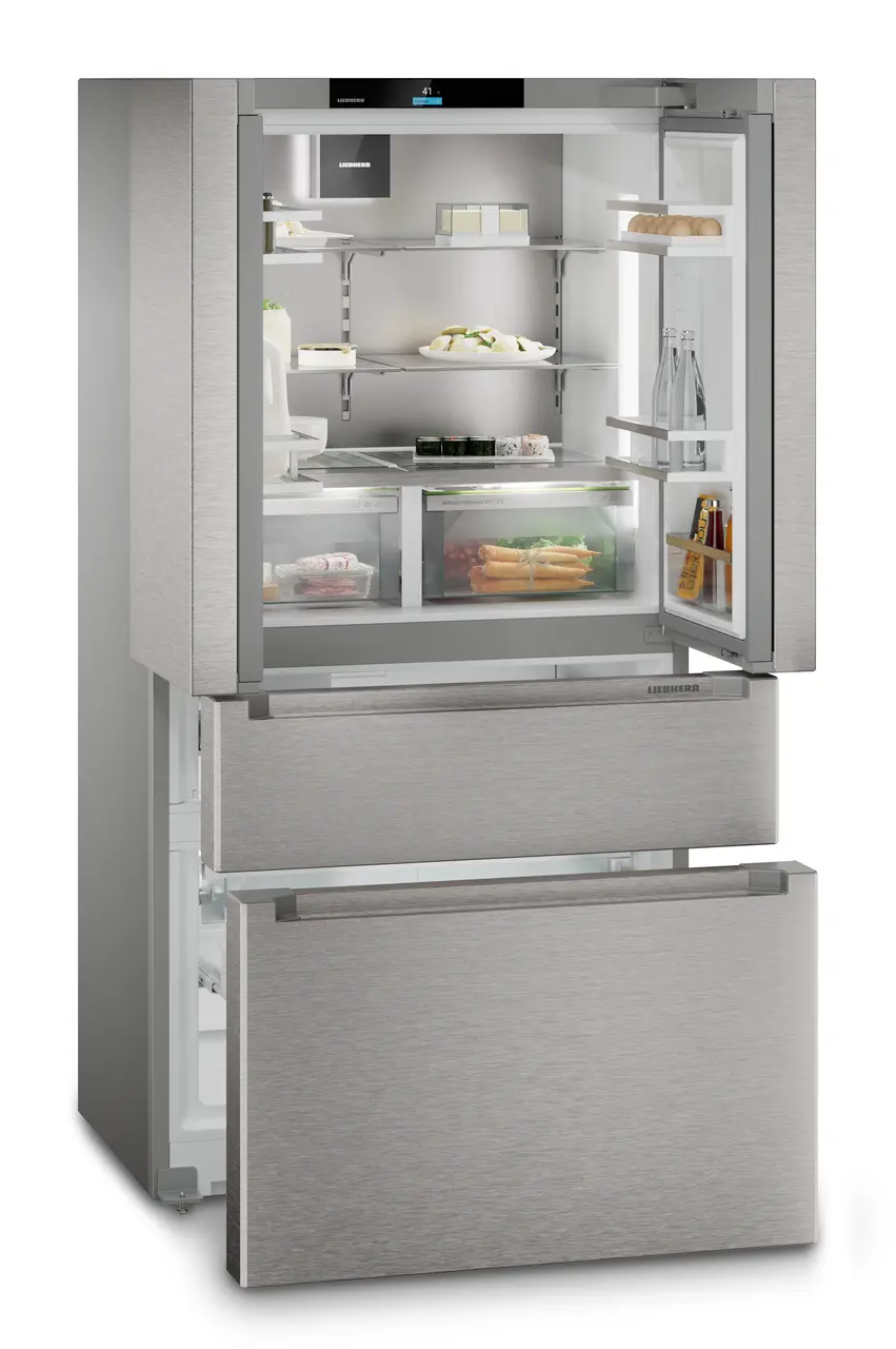 Product image, Perspective: oblique open decorated, French Door fridge-freezer with 2 freezer drawers and IceMaker and InfinitySpring, Casing colour: silver, Door colour: stainless steel