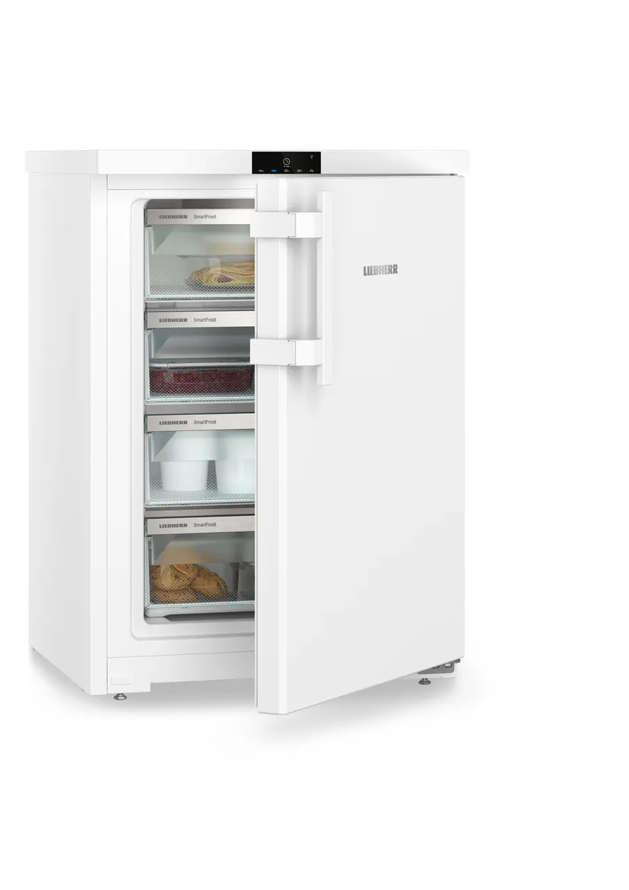 Product image, Perspective: oblique half-open decorated, Table top freezer with SmartFrost, Casing colour: white, Door colour: white