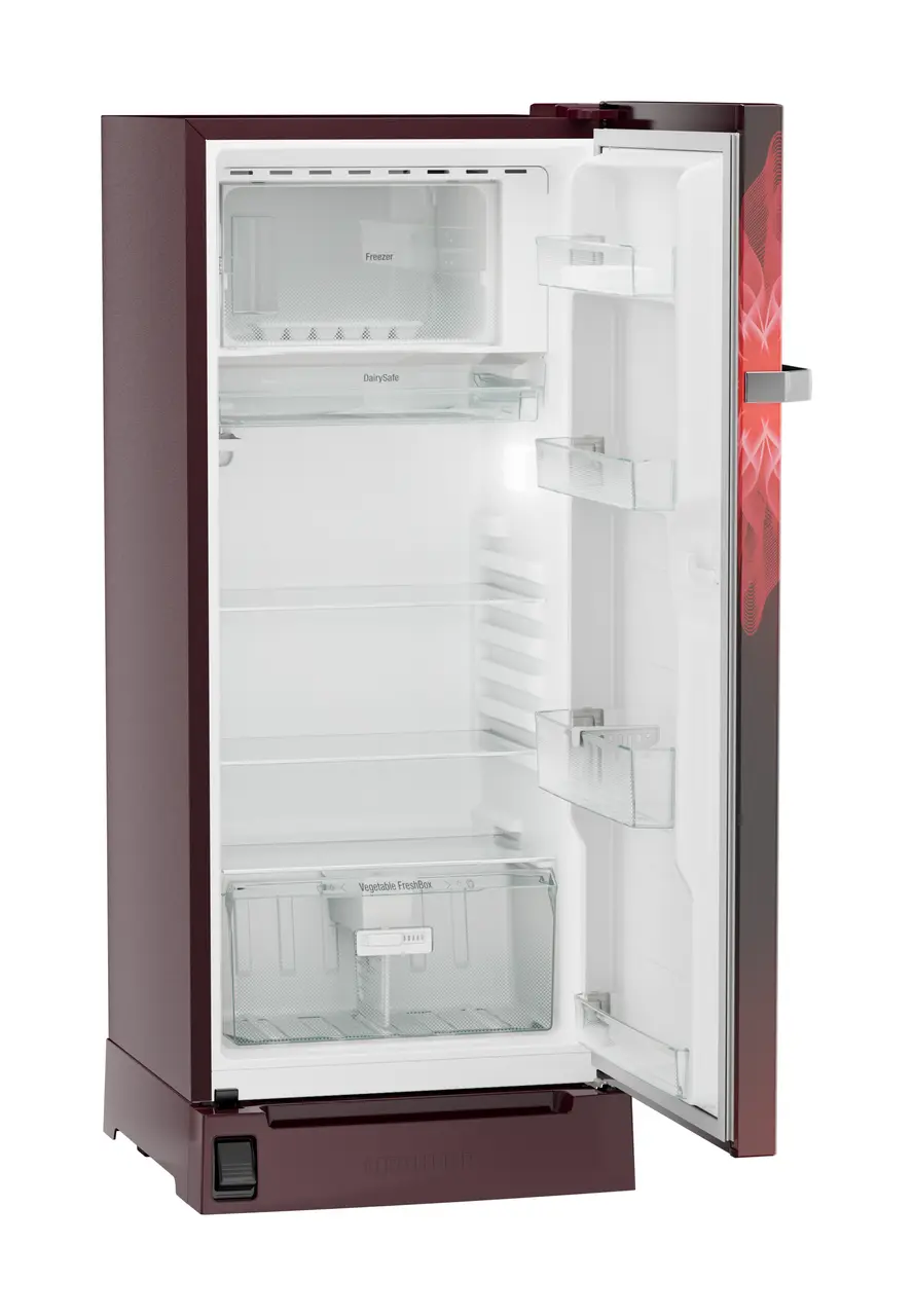 Product image, Perspective: oblique open empty, Single-door refrigerator 202 l with foot pedal base drawer and iCoolTouch UI, Casing colour: red, Door colour: Red Mystiq