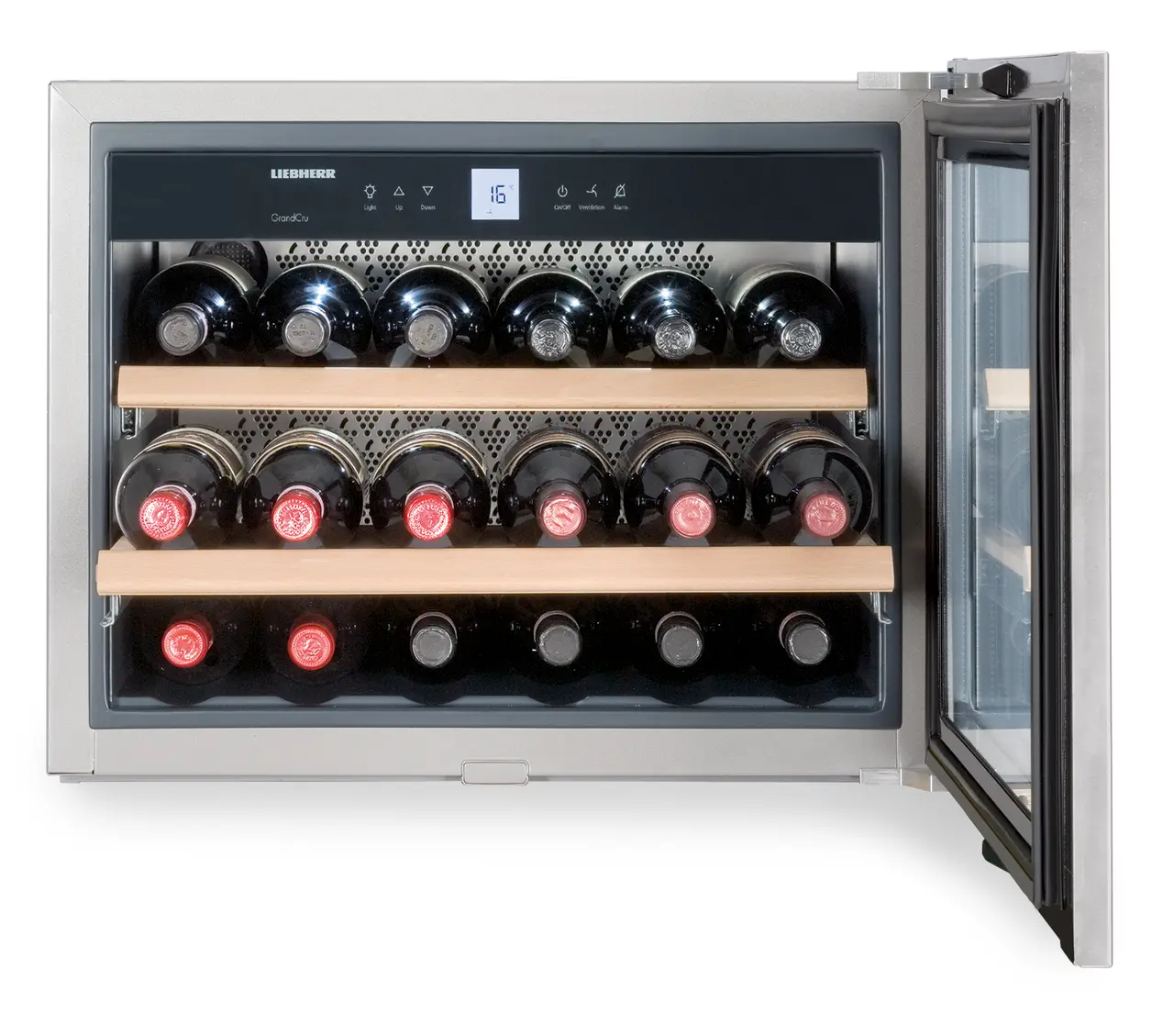 Product image, Perspective: straight open decorated, Built-in wine storage cabinet, Casing colour: silver, Door colour: stainless steel