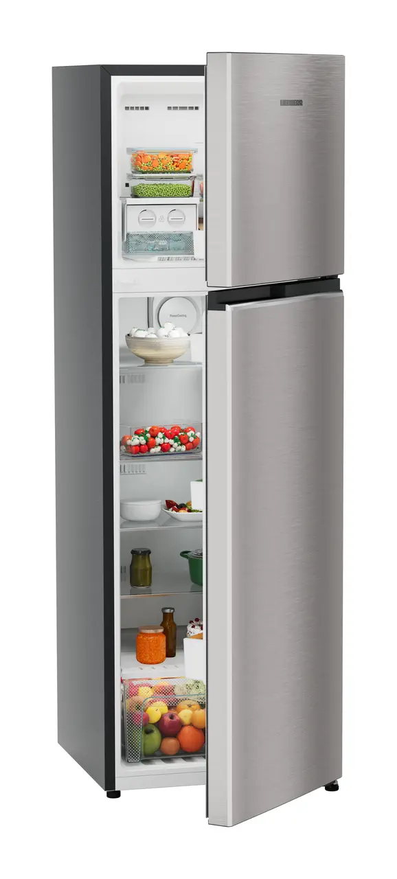 Product image, Perspective: oblique half-open decorated, Fridge-freezer with NoFrost, Casing colour: grey, Door colour: Stainless Steel