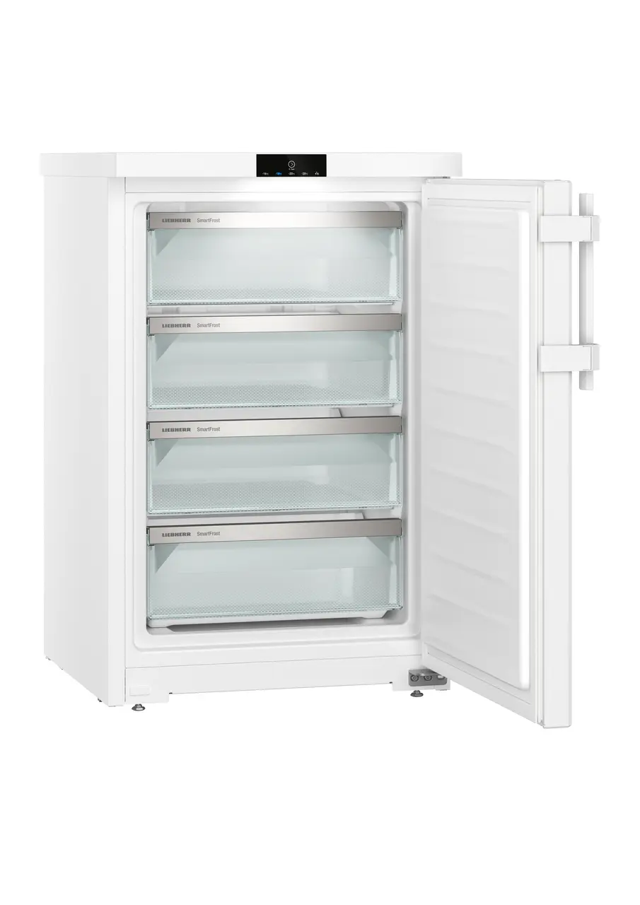 Изображение продукции, Перспектива: Под углом, с открытой дверцей, без продуктов, Малогабаритная морозильная камера с системой SmartFrost, Цвет корпуса: белый, Цвет дверцы: белый