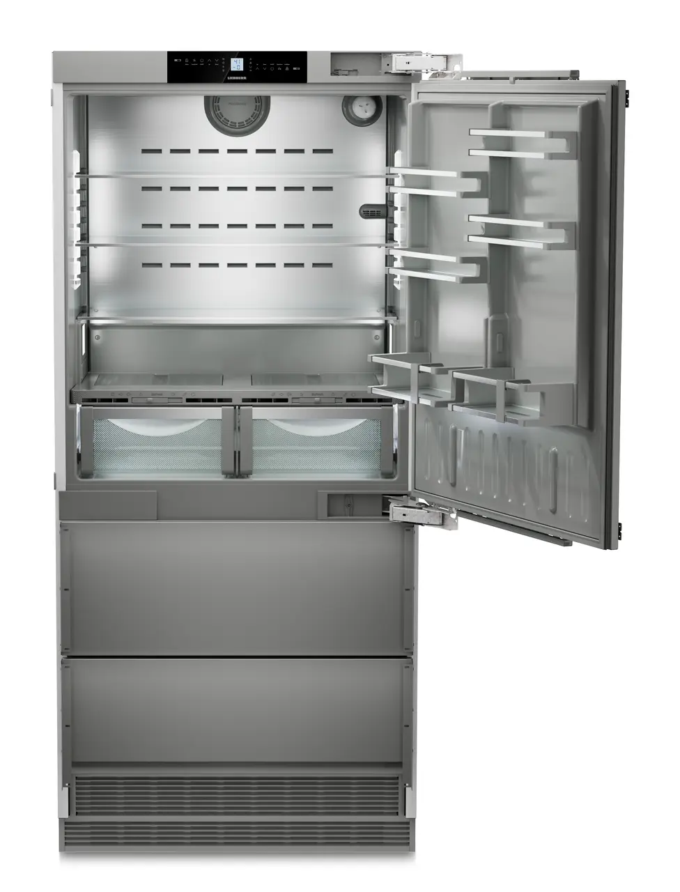Product image, Perspective: straight open empty, Combined refrigerator-freezer with BioFresh and NoFrost for integrated use, Casing colour: Anthracite