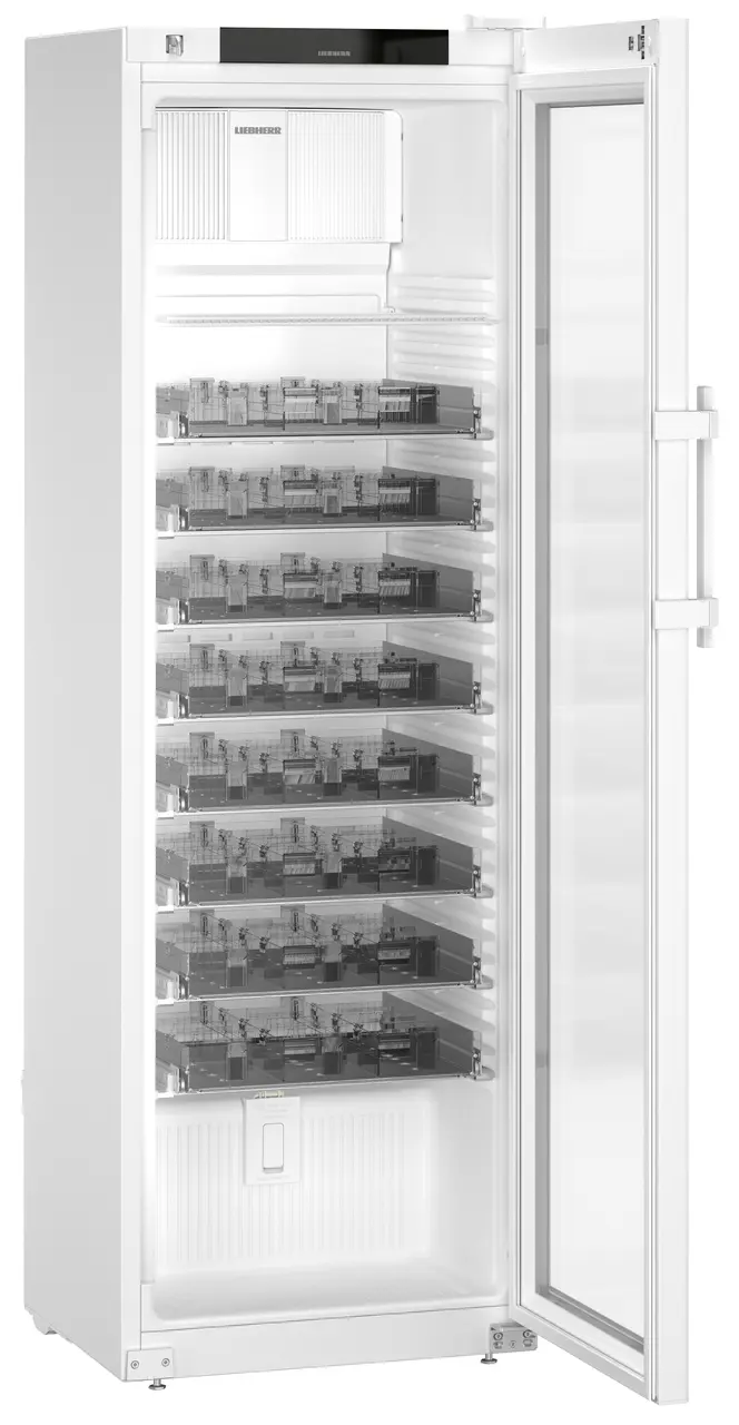 Obraz produktu, Perspektywa: Pod kątem, otwarte, puste, Chłodziarka do leków z chłodzeniem powietrzem obiegowym, Kolor obudowy: Biała, Kolor drzwi: Biała
