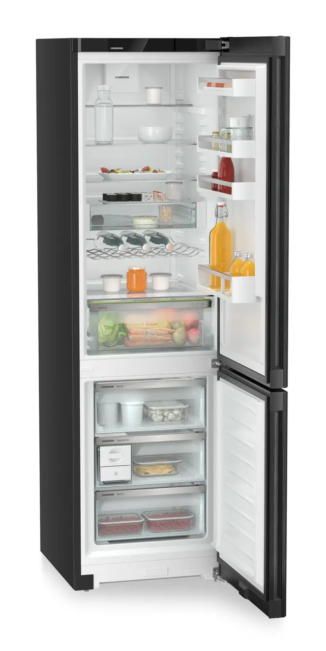 Product image, Perspective: oblique open decorated, Combined fridge-freezers with EasyFresh and NoFrost, Casing colour: black, Door colour: BlackSteel