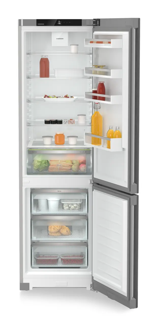 Product image, Perspective: straight open decorated, Combined fridge-freezers with EasyFresh and NoFrost, Casing colour: silver, Door colour: Steelfinish