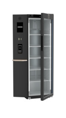 Produkt-Bild, Perspektive: schräg halb offen leer, Kühlgerät mit Umluftkühlung, Gehäusefarbe: Schwarz, Türfarbe: Schwarz