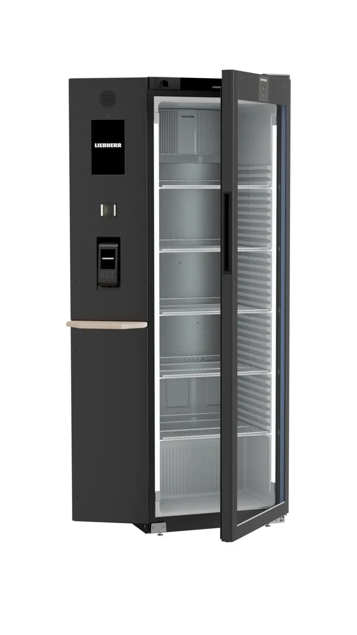 Produkt-Bild, Perspektive: schräg halb offen leer, Kühlgerät mit Umluftkühlung, Gehäusefarbe: Schwarz, Türfarbe: Schwarz