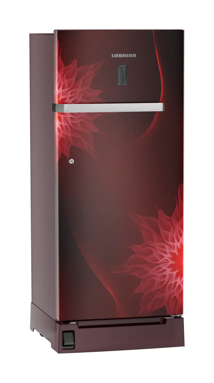 Product image, Perspective: oblique closed, Single-door refrigerator 202 l with foot pedal base drawer and iCoolTouch UI, Casing colour: red, Door colour: Red Mystiq