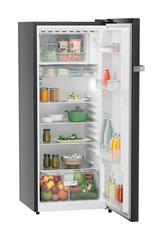 Product image, Perspective: oblique open decorated, Single-door refrigerator 222 l in 3 star and horizontal handle, Casing colour: grey, Door colour: BlackSteel