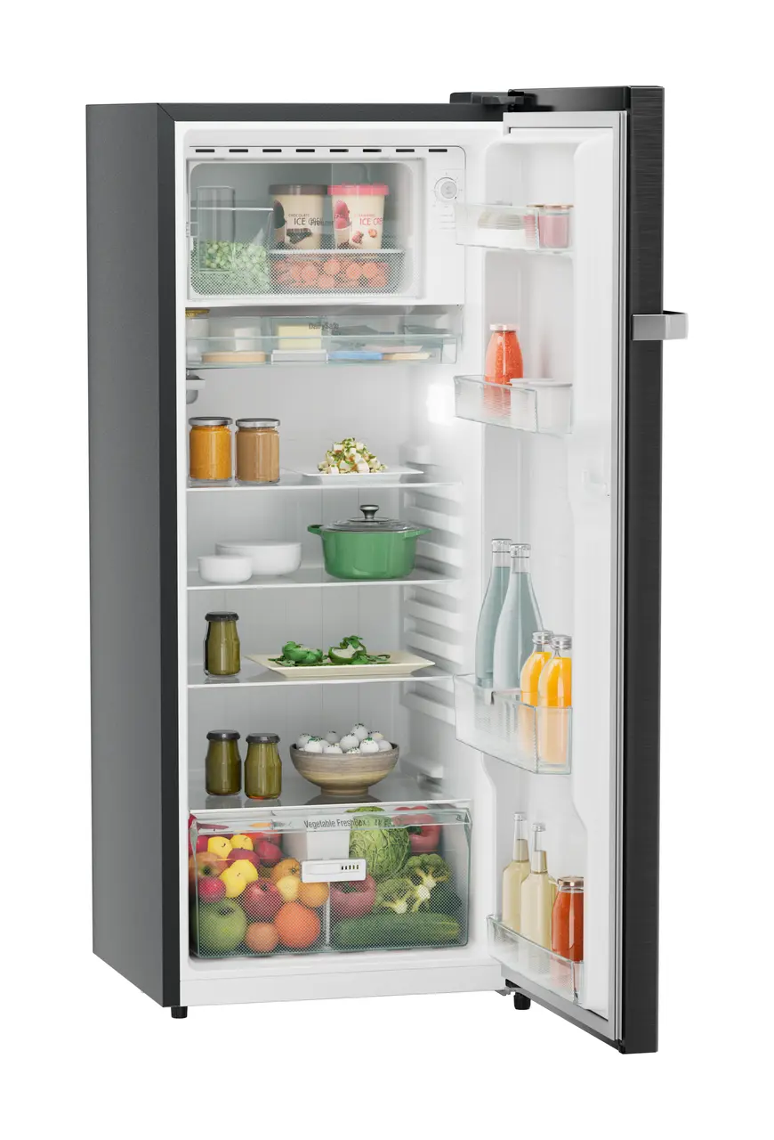 Product image, Perspective: oblique open decorated, Single-door refrigerator 222 l in 3 star and horizontal handle, Casing colour: grey, Door colour: BlackSteel