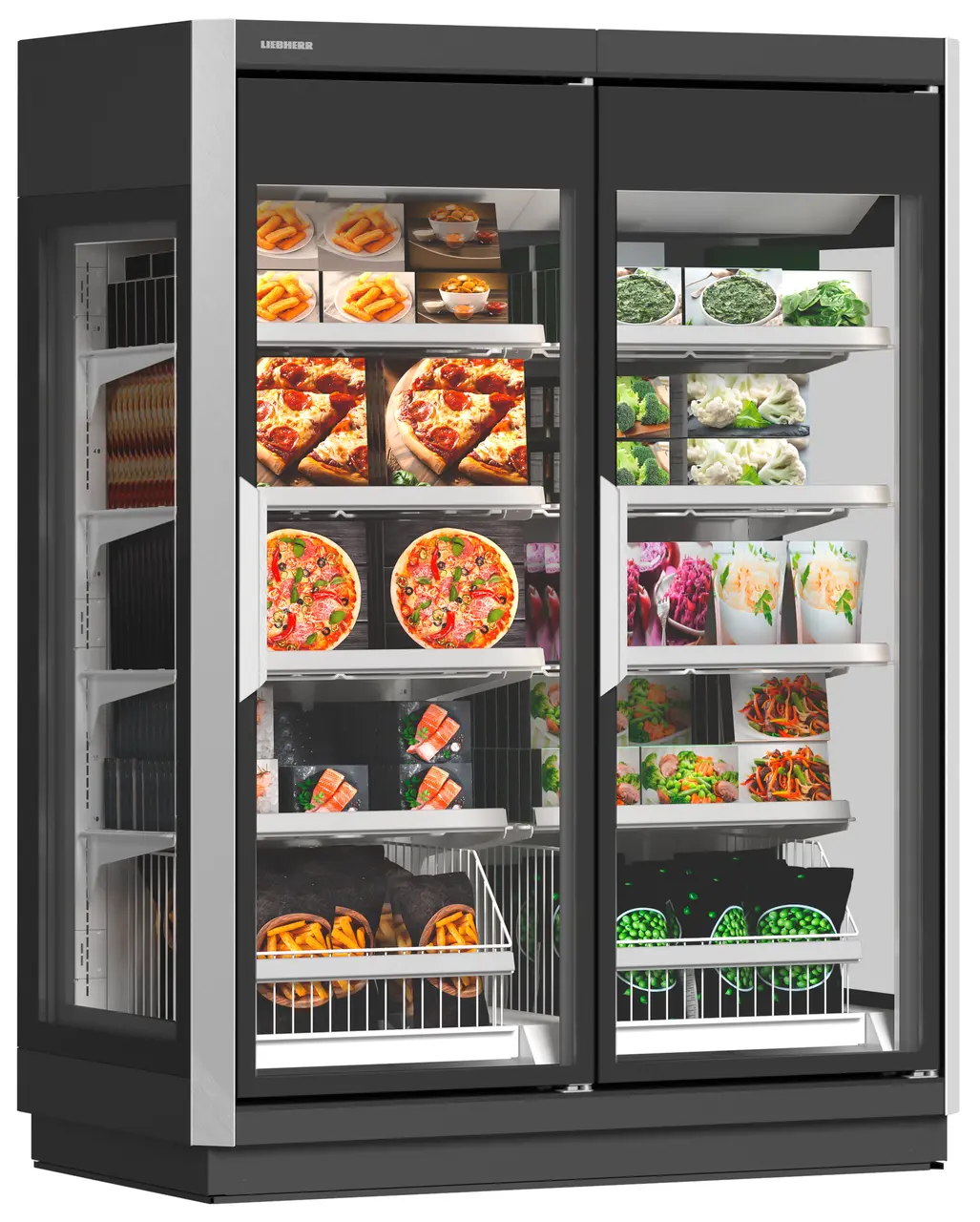 Produkt-Bild, Perspektive: schräg geschlossen dekoriert, Supermarkt-Gefrierschrank, Gehäusefarbe: Grau