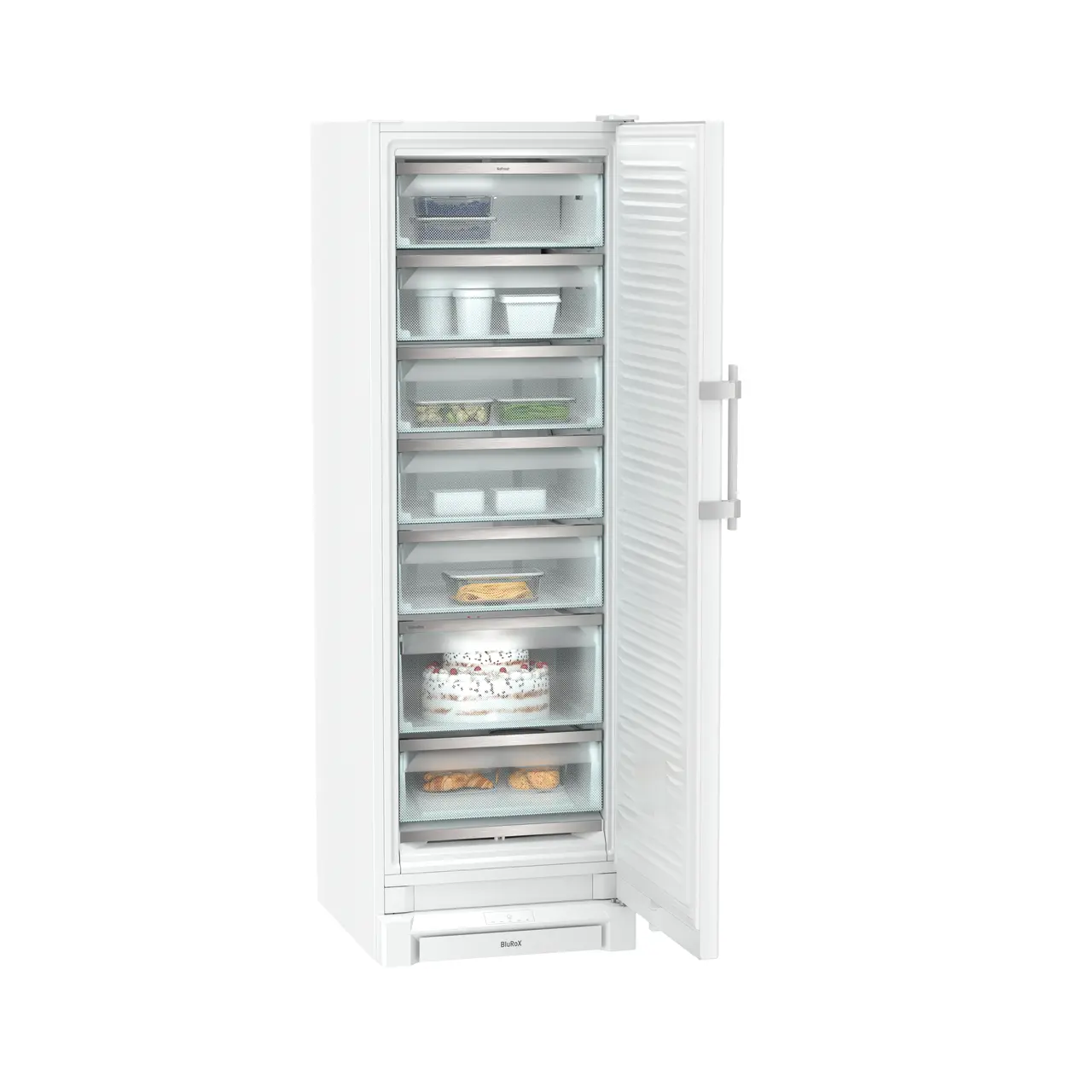 Product image, Perspective: oblique open decorated, Freestanding freezer with BluRoX technology and NoFrost, Casing colour: white, Door colour: white