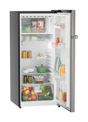 Product image, Perspective: oblique open decorated, Single-door refrigerator 202 l in 3 star and horizontal handle, Casing colour: grey, Door colour: Stainless Steel