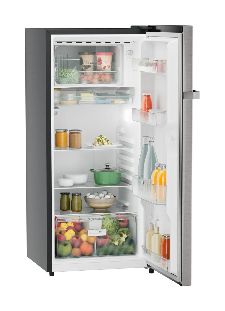 Product image, Perspective: oblique open decorated, Single-door refrigerator 202 l in 3 star and horizontal handle, Casing colour: grey, Door colour: Stainless Steel