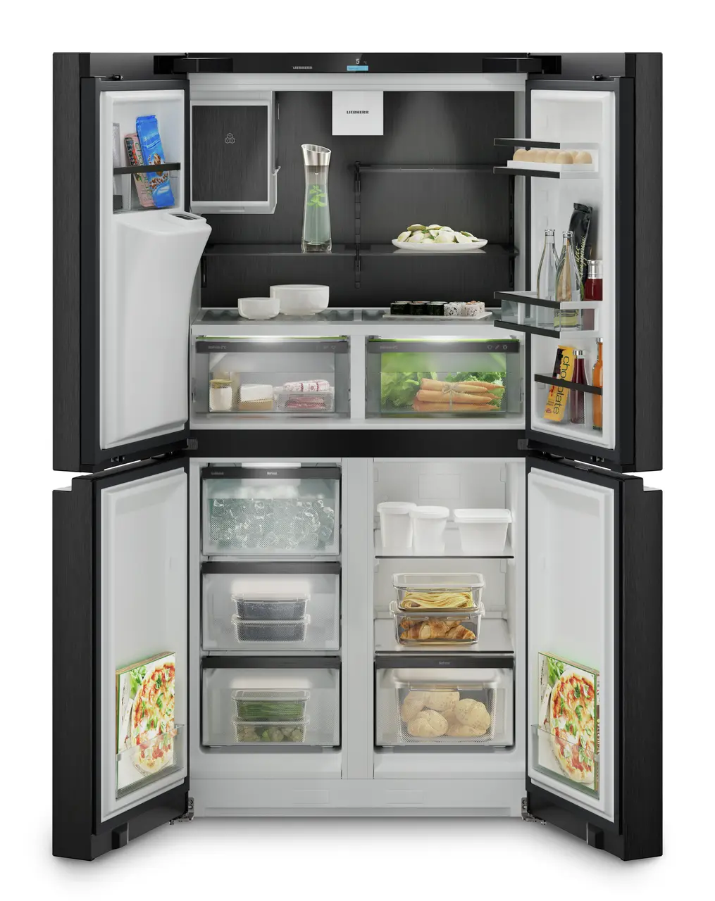 Termékkép, Perspektíva: Egyenes nyitott díszített, 4 ajtós francia ajtós hűtő-fagyasztó víz- és jégkocka adagolóval