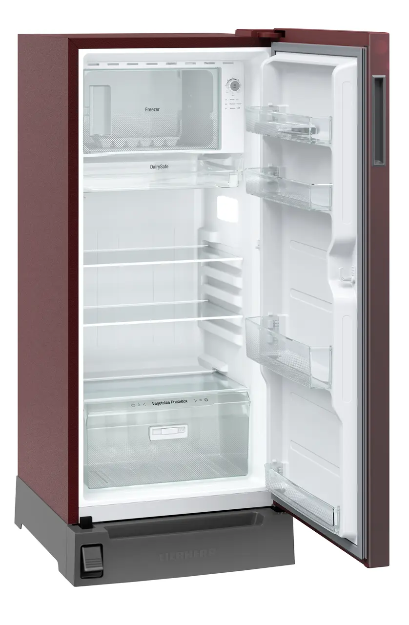 Product image, Perspective: oblique open empty, Single-door refrigerator 191 l in 3 star with foot pedal base drawer, Casing colour: red, Door colour: Red Rosette