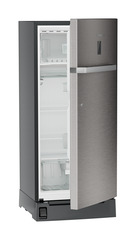 Product image, Perspective: oblique half-open empty, Single-door refrigerator 202 l with foot pedal base drawer and iCoolTouch UI, Casing colour: grey, Door colour: Stainless Steel