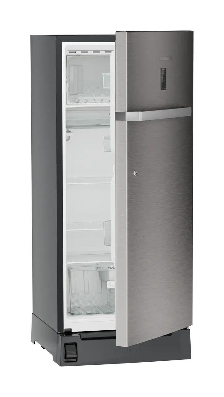 Product image, Perspective: oblique half-open empty, Single-door refrigerator 202 l with foot pedal base drawer and iCoolTouch UI, Casing colour: grey, Door colour: Stainless Steel