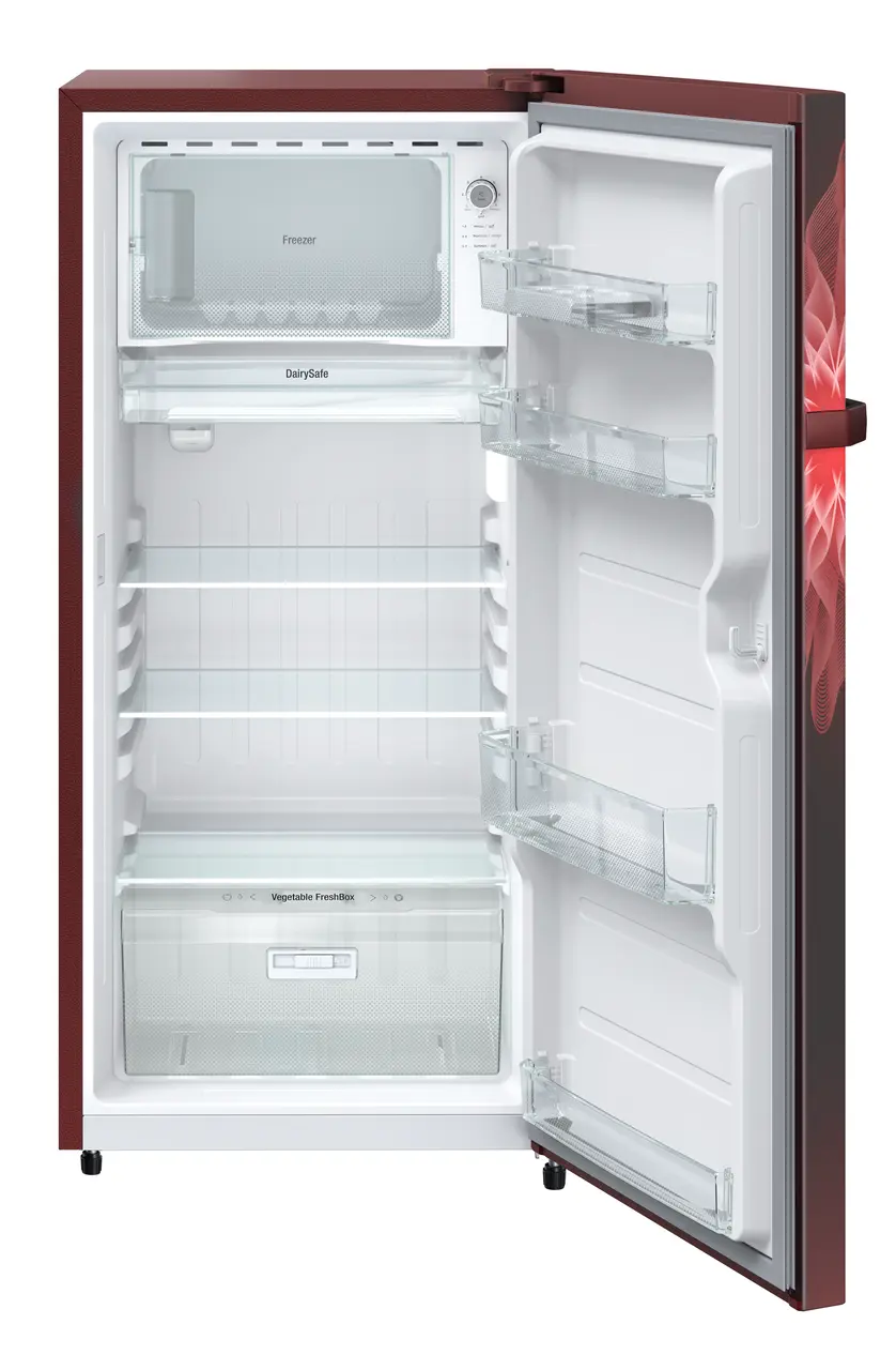 Product image, Perspective: straight open empty, Single-door fridge 191 l in 1 star with inverter compressor, Casing colour: red, Door colour: Red Mystiq