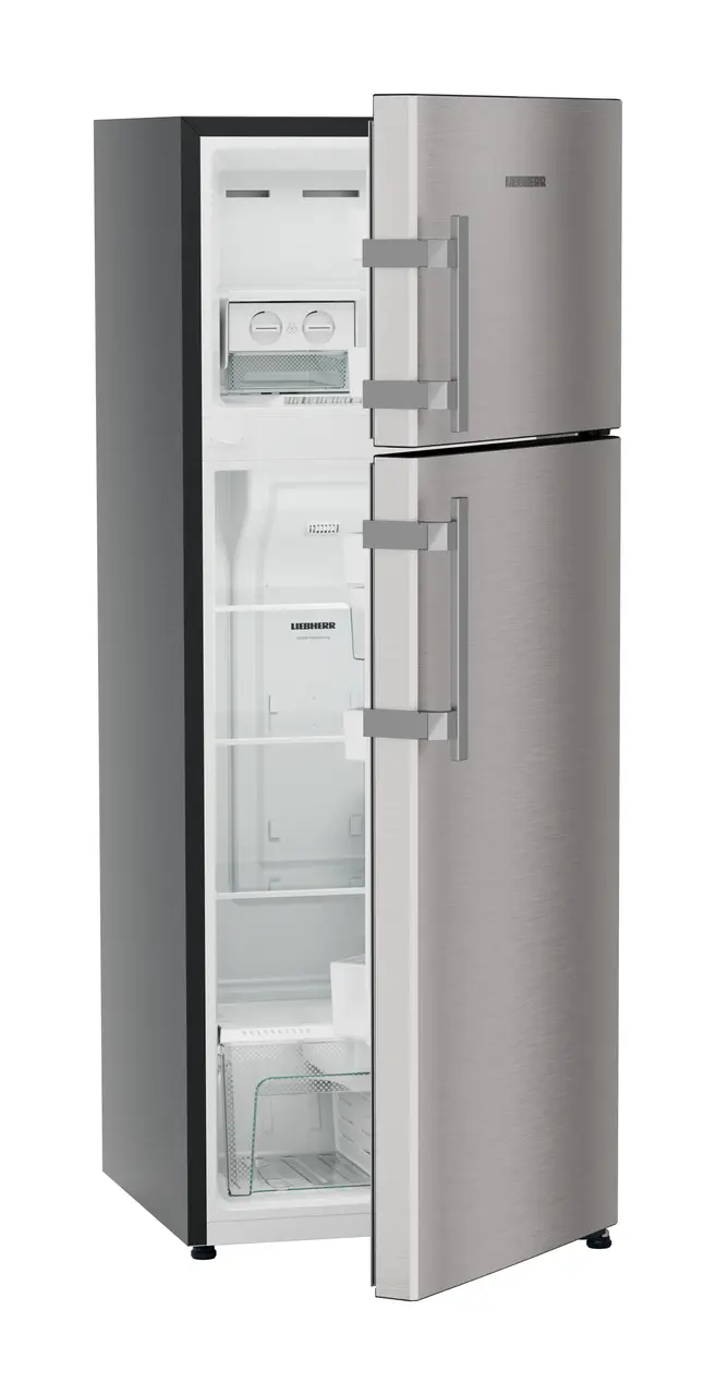 Product image, Perspective: oblique half-open empty, Fridge-freezer with NoFrost, Casing colour: grey, Door colour: Stainless Steel