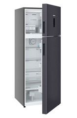 Product image, Perspective: oblique half-open empty, Fridge-freezer with NoFrost, Casing colour: grey, Door colour: Cobalt Steel