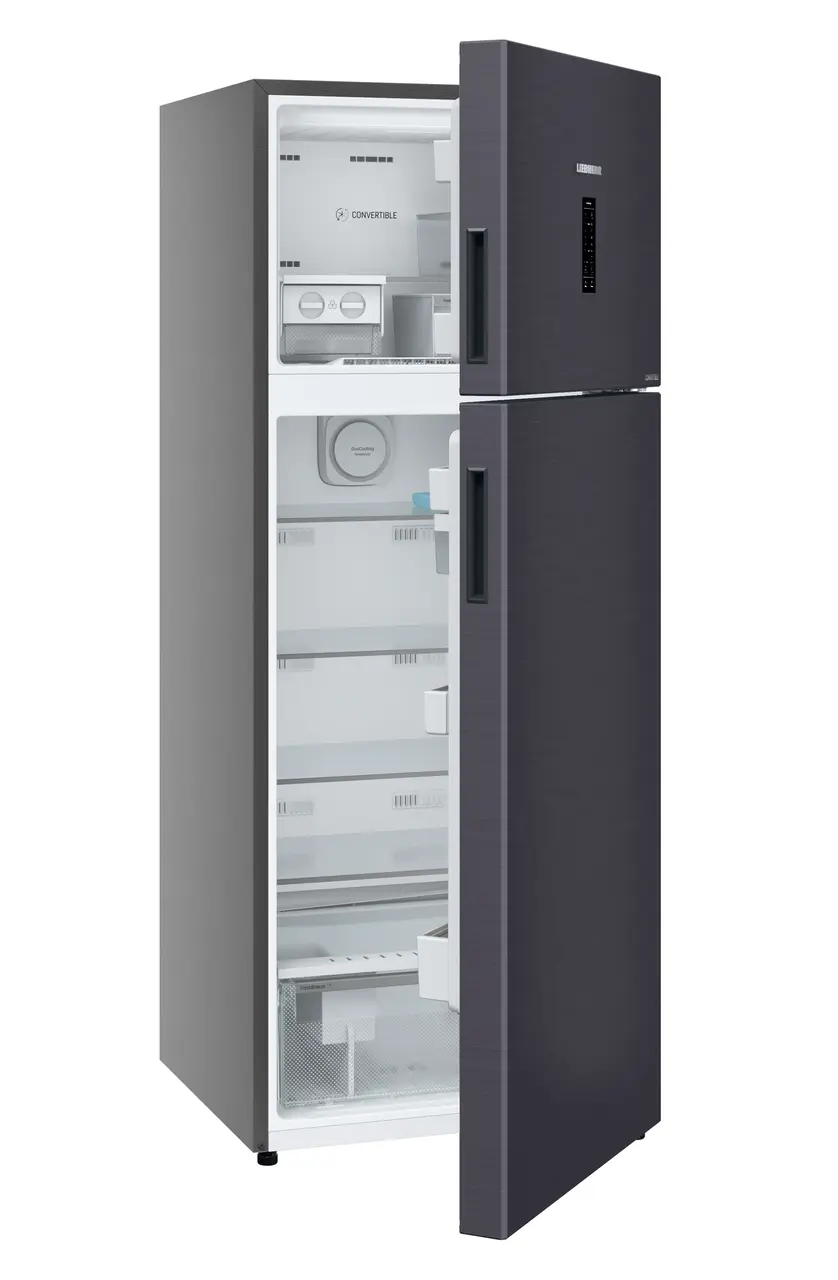 Product image, Perspective: oblique half-open empty, Fridge-freezer with NoFrost, Casing colour: grey, Door colour: Cobalt Steel