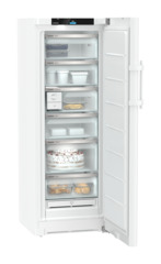 Product image, Perspective: oblique open decorated, Freestanding freezer with NoFrost and EasyTwist-Ice, Casing colour: white, Door colour: white