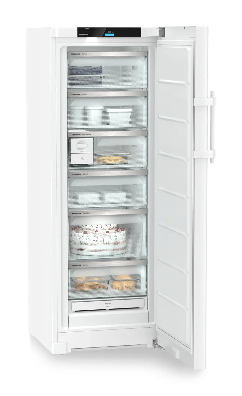Product image, Perspective: oblique open decorated, Freestanding freezer with NoFrost and EasyTwist-Ice, Casing colour: white, Door colour: white