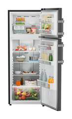 Product image, Perspective: straight open decorated, Fridge-freezer with NoFrost, Casing colour: grey, Door colour: BlackSteel