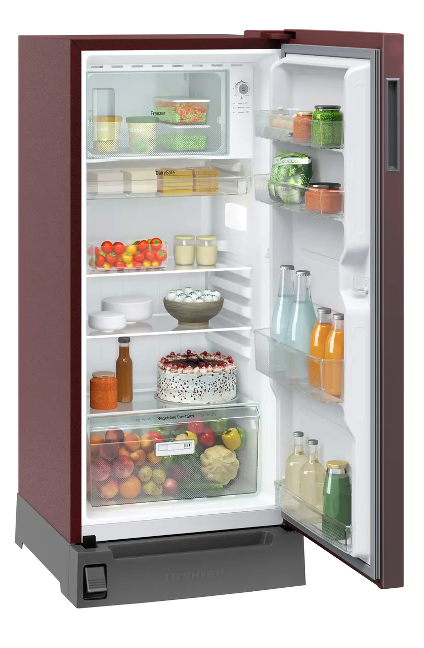 Product image, Perspective: oblique open decorated, Single-door refrigerator 191 l in 3 star with foot pedal base drawer, Casing colour: red, Door colour: Red Rosette